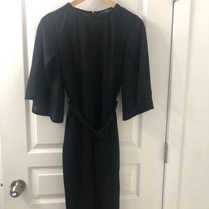 Black Split Flutter Sleeve Self Tie Pencil Dress